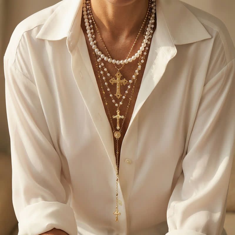 Christianartworkshop Vintage Stacked Crucifix Our Lady Pendant Necklace: Token of Abiding Divine Peace - Golden - image 0