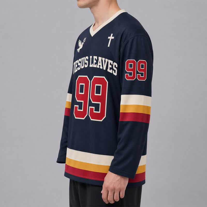 Christianartworkshop Jesus Leaves 99 Navy Long Sleeve Hockey Jersey - image 6