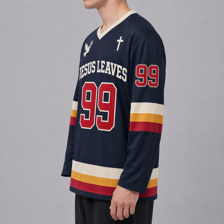 Christianartworkshop Jesus Leaves 99 Navy Long Sleeve Hockey Jersey - image 6