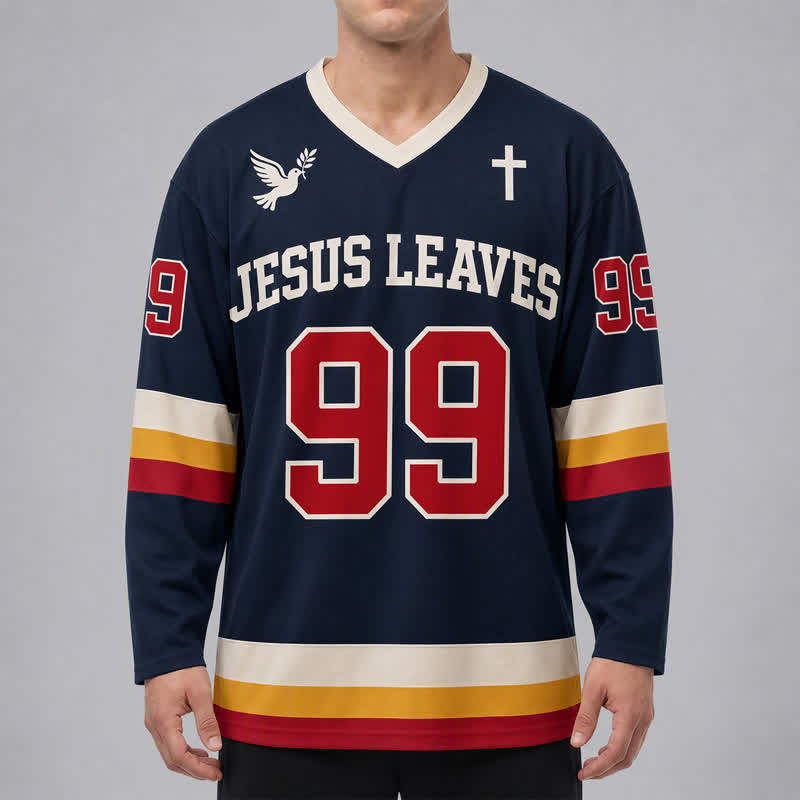 Christianartworkshop Jesus Leaves 99 Navy Long Sleeve Hockey Jersey - image 3