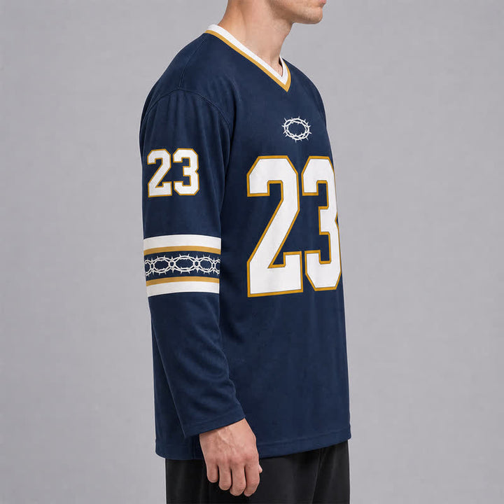 Christianartworkshop Psalms 23 Navy Gold Long Sleeve Hockey Jersey - image 5