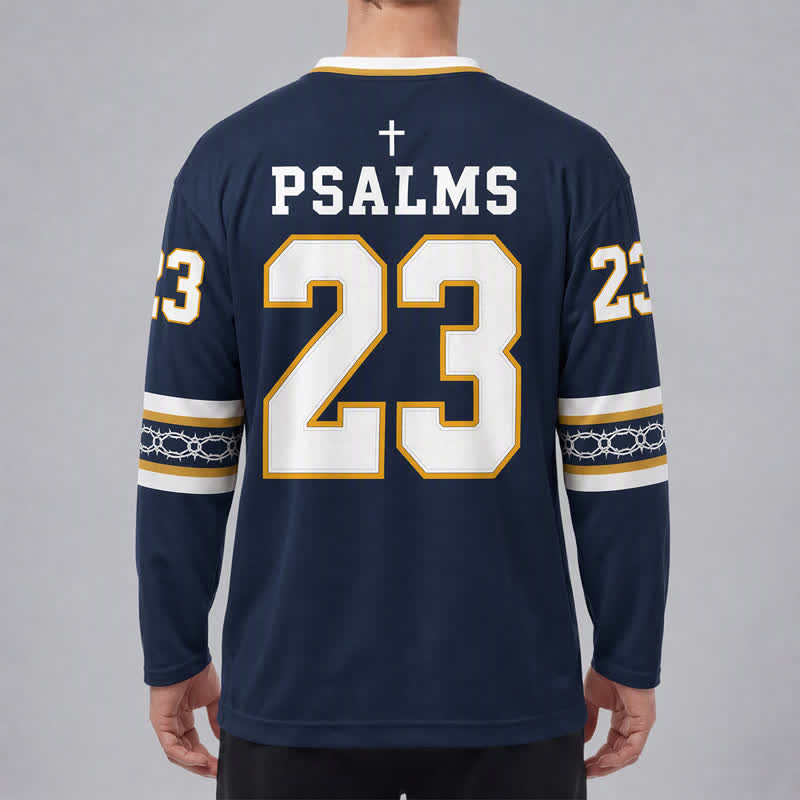 Christianartworkshop Psalms 23 Navy Gold Long Sleeve Hockey Jersey - image 4