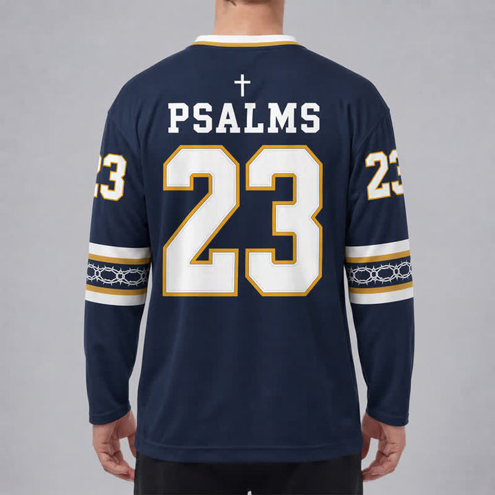 Christianartworkshop Psalms 23 Navy Gold Long Sleeve Hockey Jersey - image 4