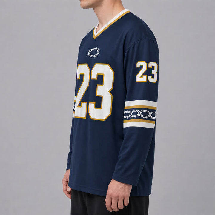 Christianartworkshop Psalms 23 Navy Gold Long Sleeve Hockey Jersey - image 6