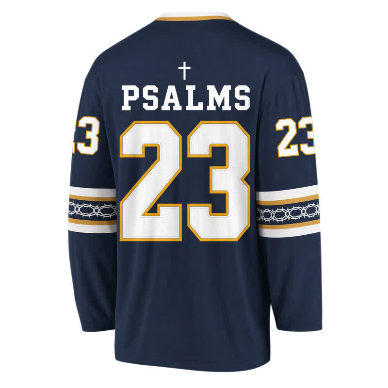 Christianartworkshop Psalms 23 Navy Gold Long Sleeve Hockey Jersey - image 2