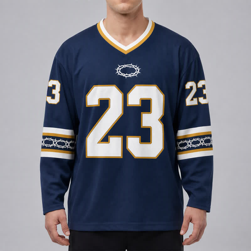 Christianartworkshop Psalms 23 Navy Gold Long Sleeve Hockey Jersey - image 3