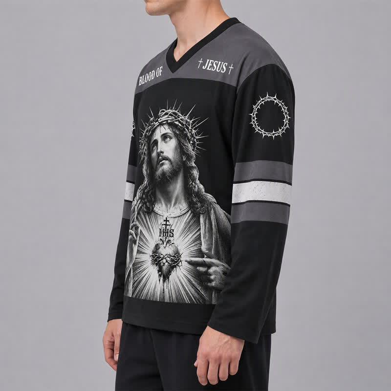 Christianartworkshop Jesus Sacred Heart Streetwear Long Sleeve Hockey Jersey - image 6