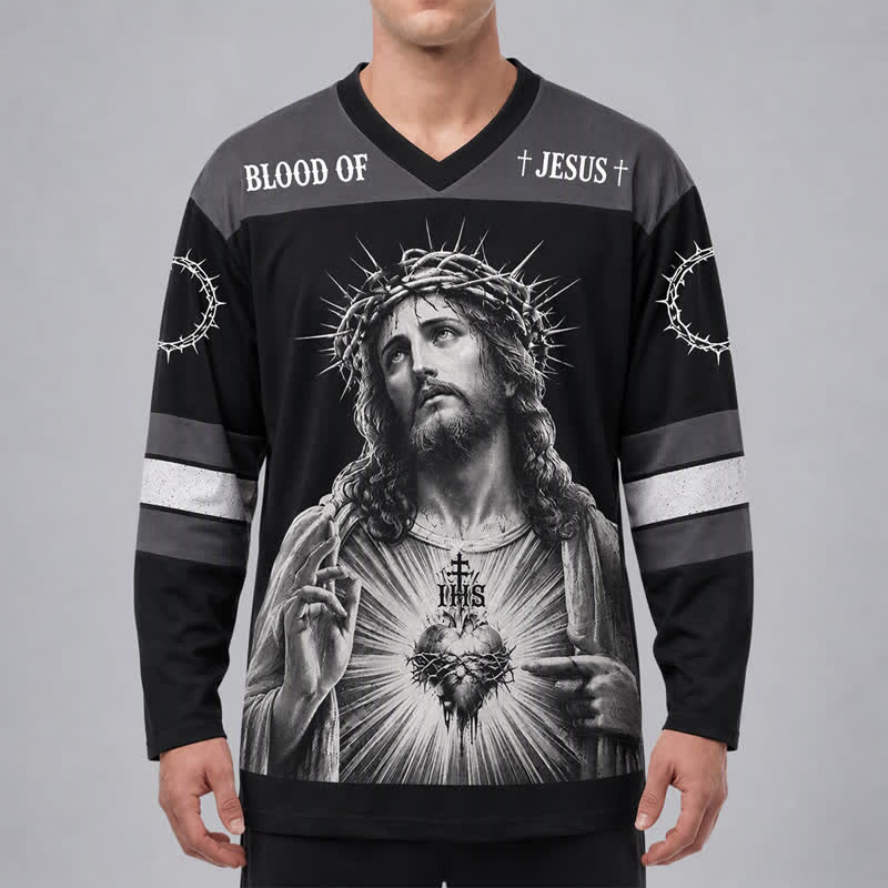 Christianartworkshop Jesus Sacred Heart Streetwear Long Sleeve Hockey Jersey - image 3