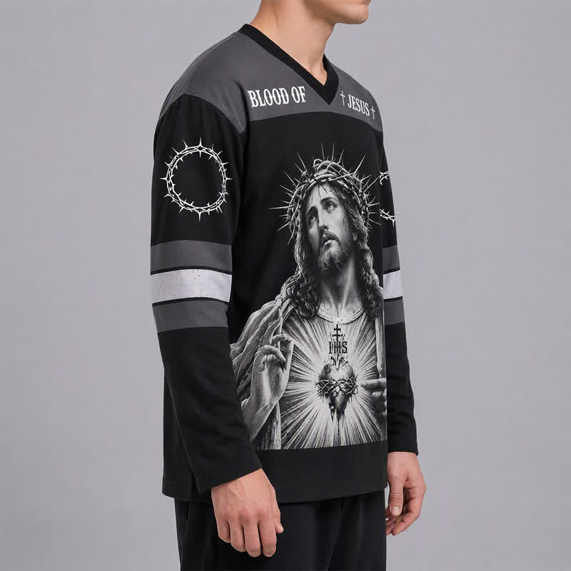 Christianartworkshop Jesus Sacred Heart Streetwear Long Sleeve Hockey Jersey - image 5