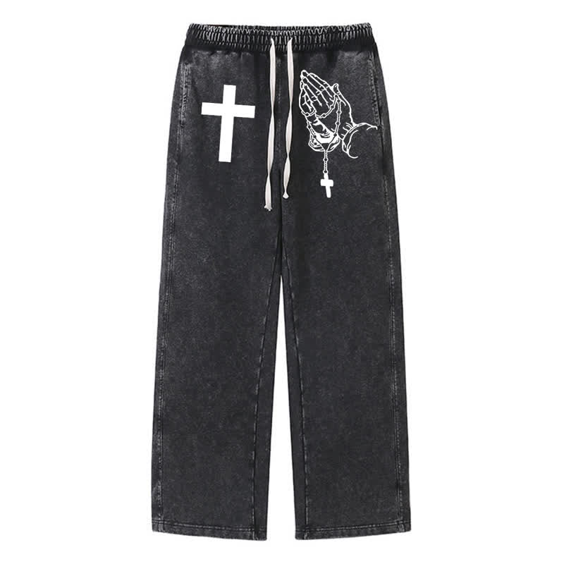 Christianartworkshop Prayer Hands Cross Vintage Black Washed Sweatpants - Black - 2XL - image 0