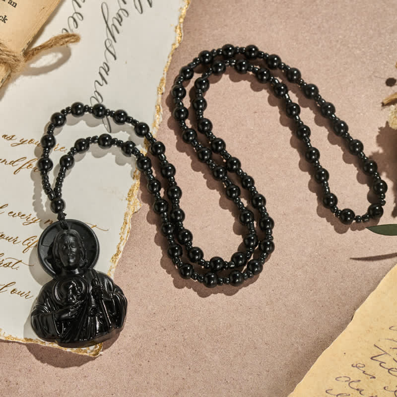 Christianartworkshop Sculpted Glass Jesus Portrait Beaded Necklace: Symbol of Quiet Sacred Blessing - Black - image 6
