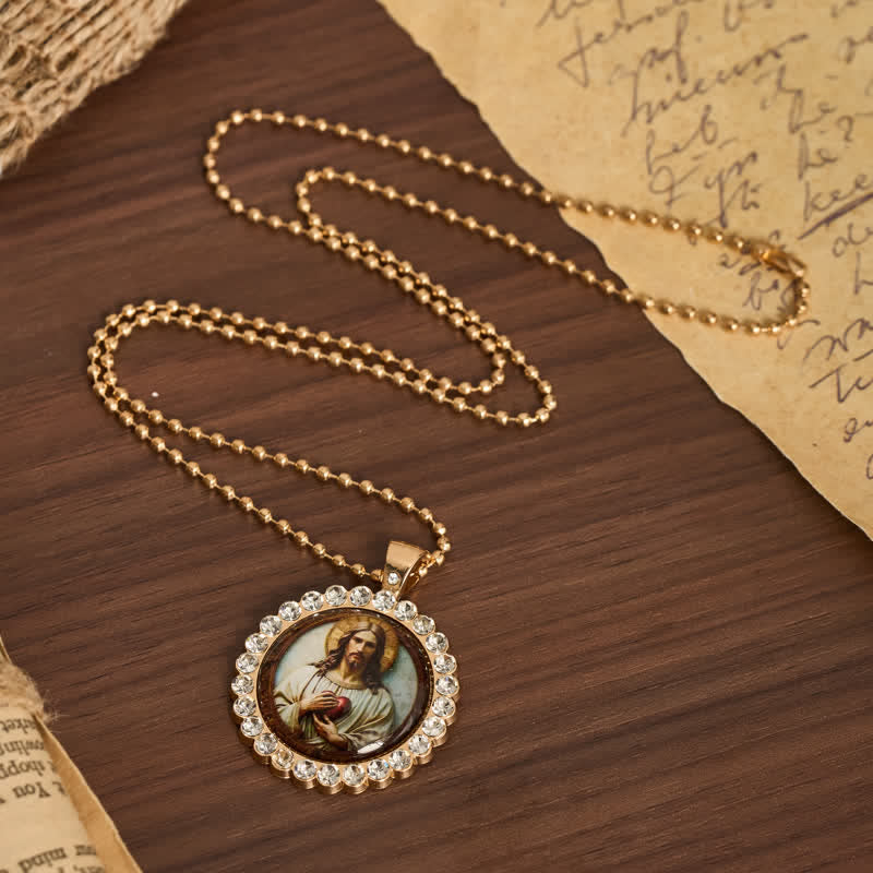 Christianartworkshop Round Sacred Heart Jesus Alloy Necklace: Symbol of Quiet Sacred Blessing - image 2