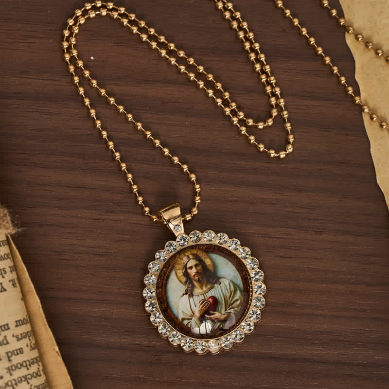 Christianartworkshop Round Sacred Heart Jesus Alloy Necklace: Symbol of Quiet Sacred Blessing - image 1