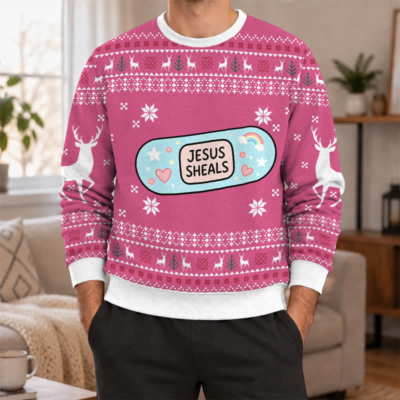 Christianartworkshop Pink Jesus Sheals Fair Isle Holiday Crewneck Sweater - image 4