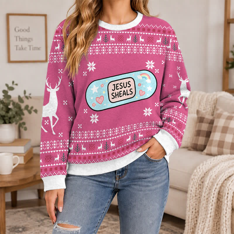 Christianartworkshop Pink Jesus Sheals Fair Isle Holiday Crewneck Sweater - image 2
