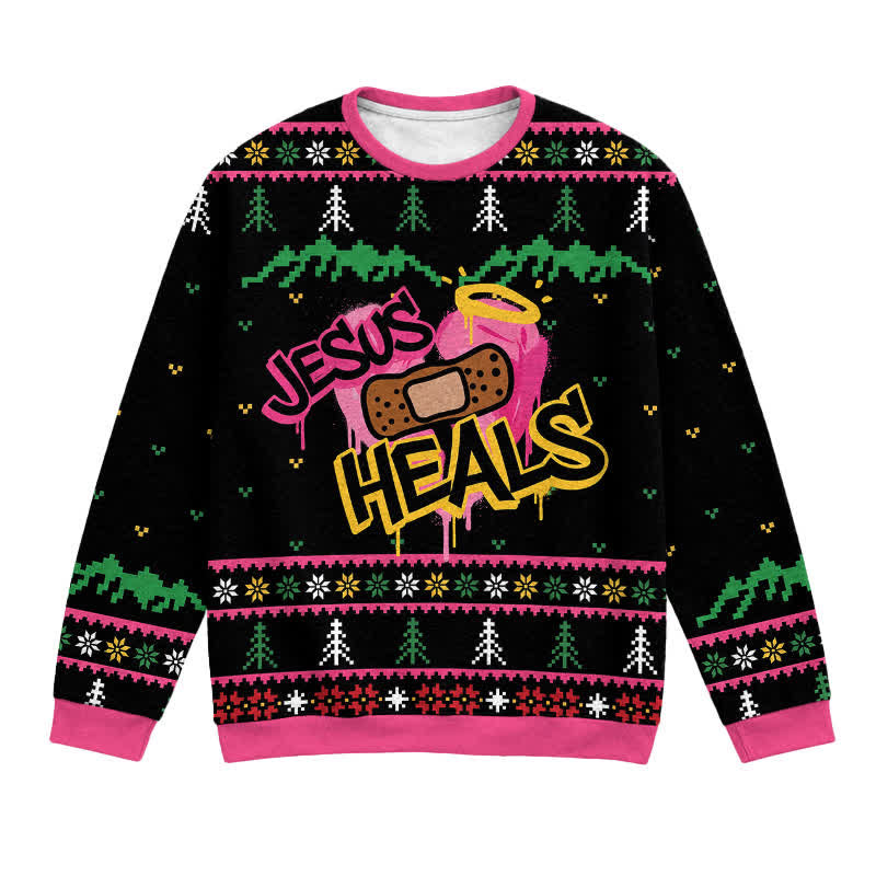 Christianartworkshop Jesus Heals Festive Nordic Black Crewneck Faith Lightweight Sweater - 3XL - image 0