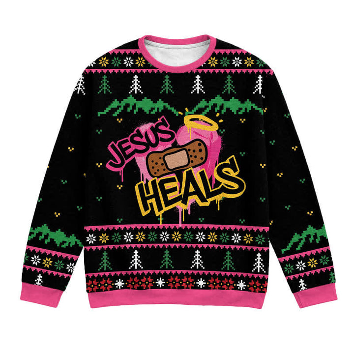 Christianartworkshop Jesus Heals Festive Nordic Black Crewneck Faith Lightweight Sweater - 3XL - image 0