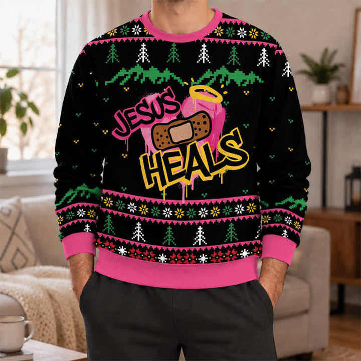 Christianartworkshop Jesus Heals Festive Nordic Black Crewneck Faith Lightweight Sweater - image 2