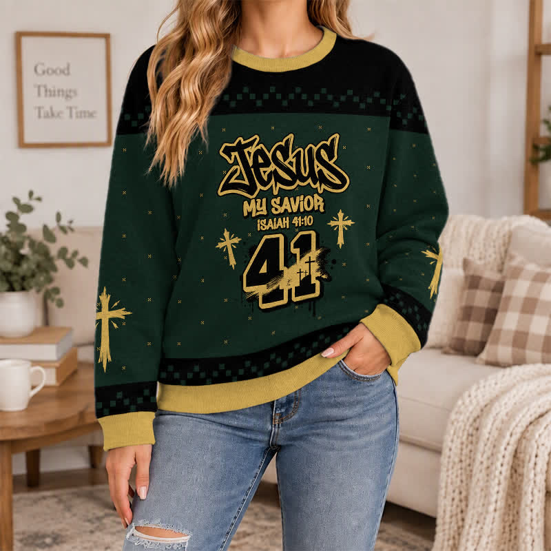 Christianartworkshop Jesus My Savior Isaiah 41:10 Streetwear Knit  Faith Lightweight Sweater - image 4