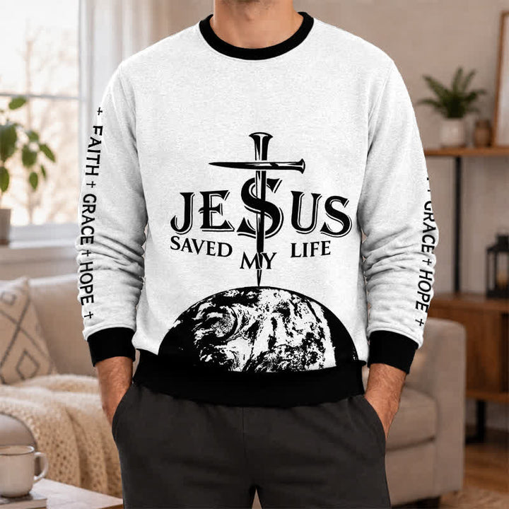 Christianartworkshop Jesus Saved My Life Contrast Trim Faith Lightweight Sweater - image 2