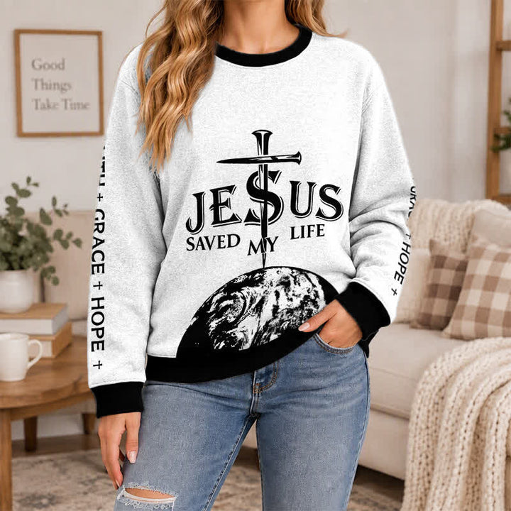 Christianartworkshop Jesus Saved My Life Contrast Trim Faith Lightweight Sweater - image 4
