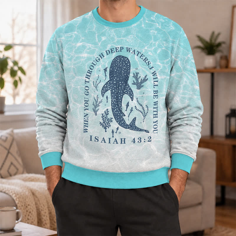 Christianartworkshop Deep Waters Whale Isaiah 43:2 Ocean Blue Faith Lightweight Sweater - image 2