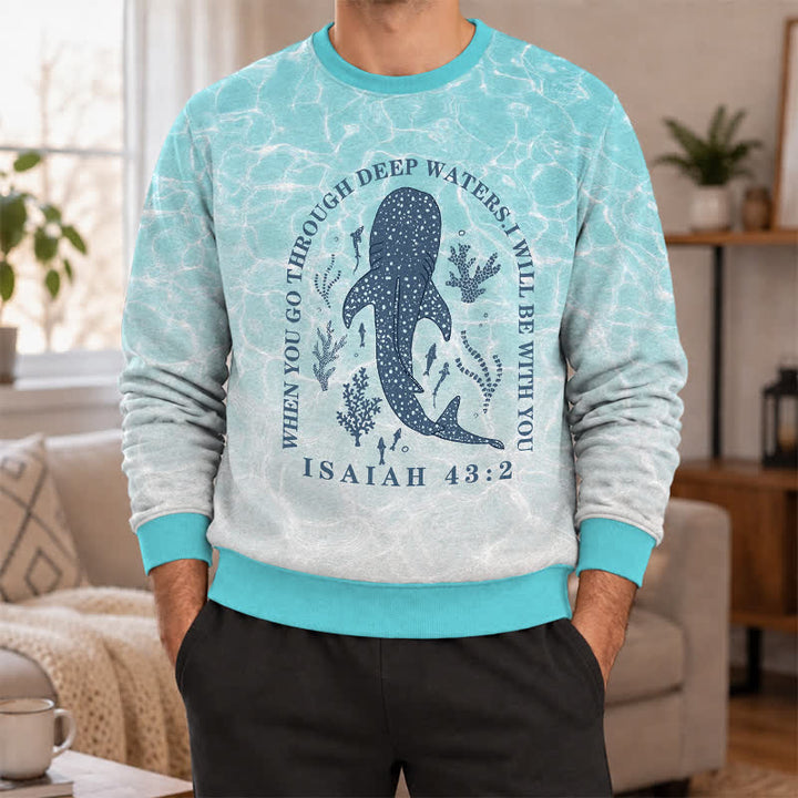 Christianartworkshop Deep Waters Whale Isaiah 43:2 Ocean Blue Faith Lightweight Sweater - image 2