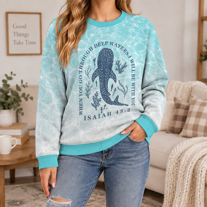 Christianartworkshop Deep Waters Whale Isaiah 43:2 Ocean Blue Faith Lightweight Sweater - image 4