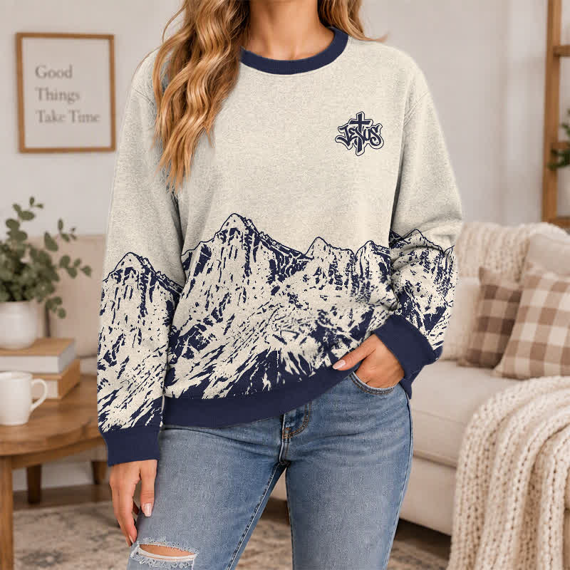 Christianartworkshop Jesus & Cross Sandstone Mountain Horizon Crewneck Pullover Faith Lightweight Sweater - image 4