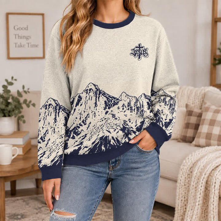 Christianartworkshop Jesus & Cross Sandstone Mountain Horizon Crewneck Pullover Faith Lightweight Sweater - image 4