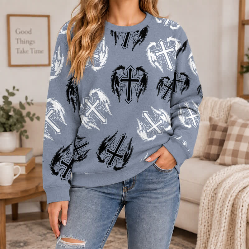 Christianartworkshop Gothic Winged Cross Allover Faith Lightweight Sweater - image 4