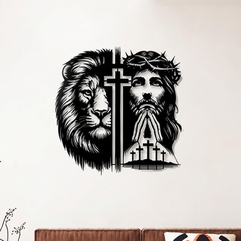 Christianartworkshop Lion Of Judah And Jesus With Crown Of Thorns Split Silhouette Metal Wall Decor - image 1