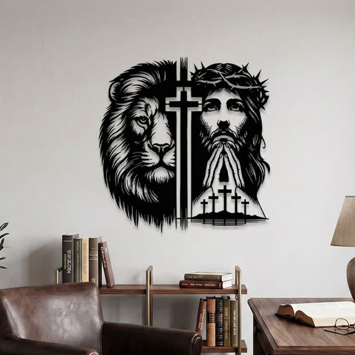 Christianartworkshop Lion Of Judah And Jesus With Crown Of Thorns Split Silhouette Metal Wall Decor - image 2