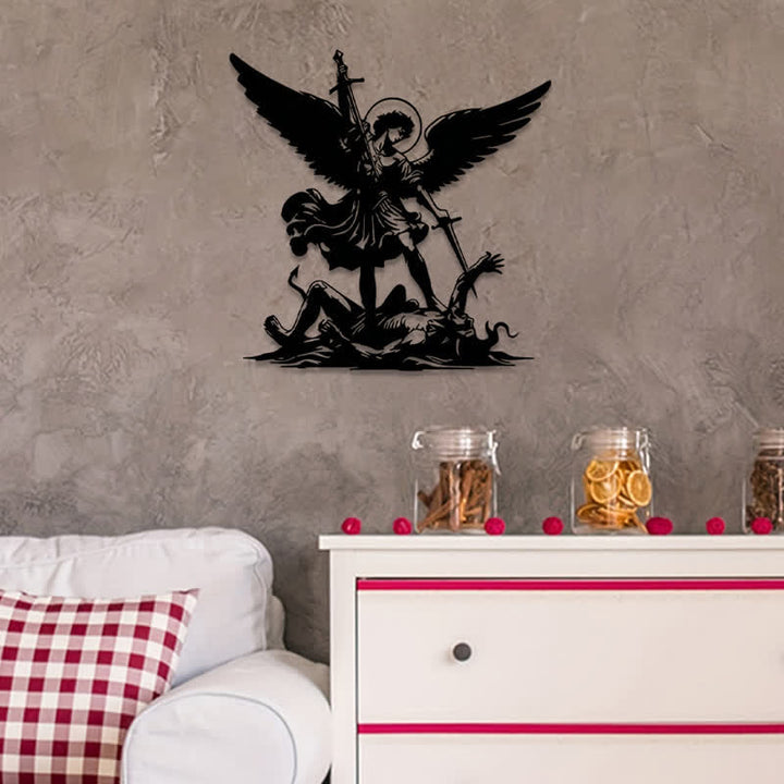 Christianartworkshop St. Michael Archangel Defeating Evil Silhouette Metal Wall Decor: Timeless Emblem of Sacred Spiritual Victory - image 2
