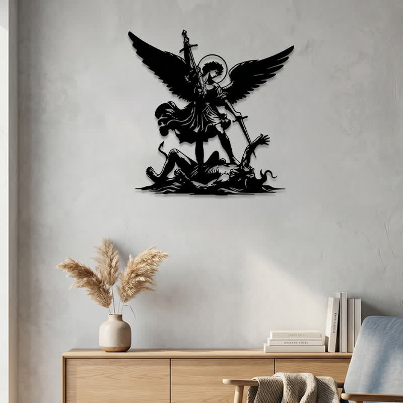 Christianartworkshop St. Michael Archangel Defeating Evil Silhouette Metal Wall Decor: Timeless Emblem of Sacred Spiritual Victory - image 1