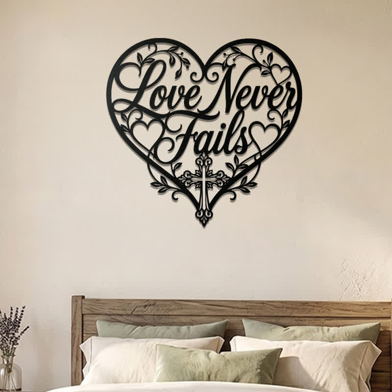 Christianartworkshop Floral Heart Cursive Love Never Fails Cross Metal Wall Decor: Timeless Emblem of Sacred Redemptive Grace - image 1