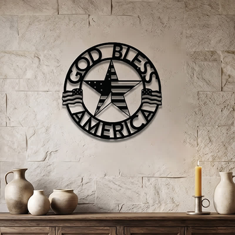 Christianartworkshop Round Ring God Bless USA Star Flag Metal Wall Decor: Timeless Emblem of Sacred Redemptive Grace - image 0