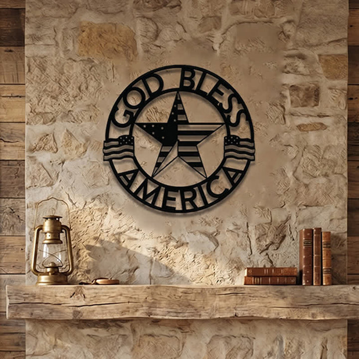 Christianartworkshop Round Ring God Bless USA Star Flag Metal Wall Decor: Timeless Emblem of Sacred Redemptive Grace - image 1