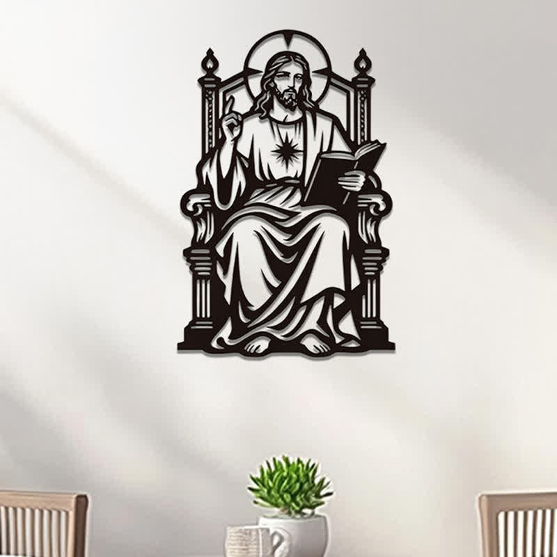 Christianartworkshop Throne Seated Sacred Heart Jesus Holding Scripture Metal Wall Decor: Timeless Emblem of Sacred Redemptive Grace - image 1