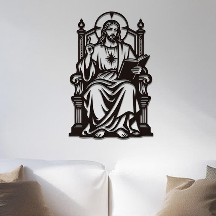 Christianartworkshop Throne Seated Sacred Heart Jesus Holding Scripture Metal Wall Decor: Timeless Emblem of Sacred Redemptive Grace - image 0