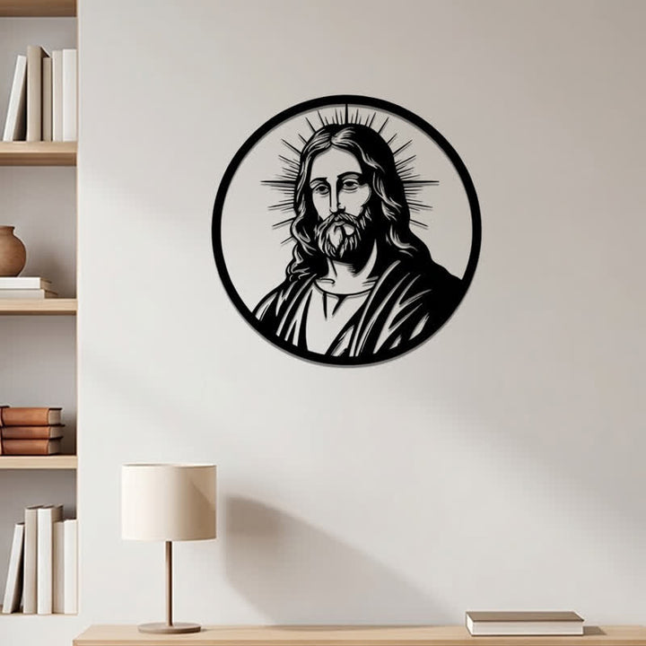 Christianartworkshop Circular Border Radiant Halo Jesus Portrait Metal Wall Decor: Timeless Emblem of Sacred Redemptive Grace - image 2