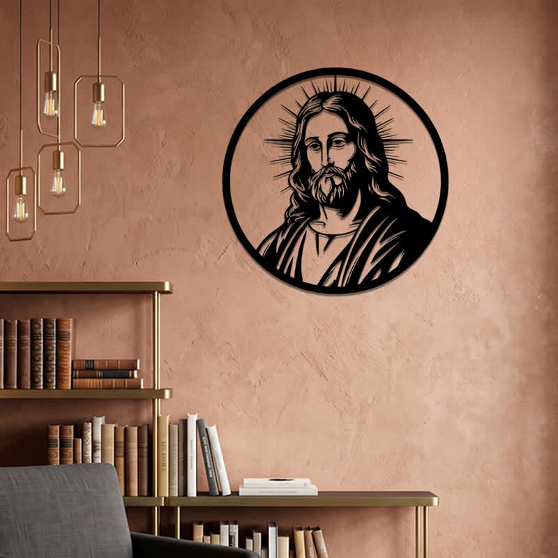 Christianartworkshop Circular Border Radiant Halo Jesus Portrait Metal Wall Decor: Timeless Emblem of Sacred Redemptive Grace - image 0