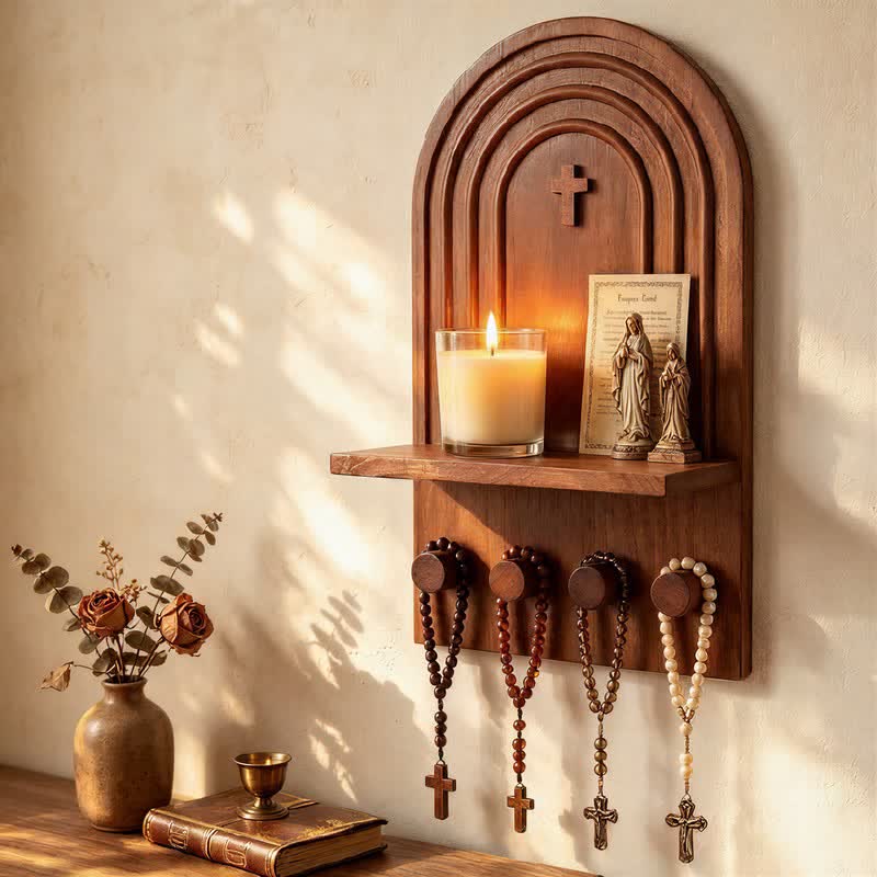 Christianartworkshop Vintage Arch Devotional Wall Shelf With Cross: Beacon of Soft Heavenly Radiance - Cross - image 0
