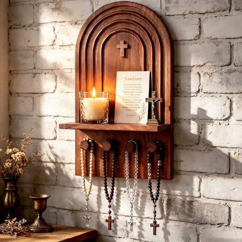 Christianartworkshop Vintage Arch Devotional Wall Shelf With Cross: Beacon of Soft Heavenly Radiance - image 1