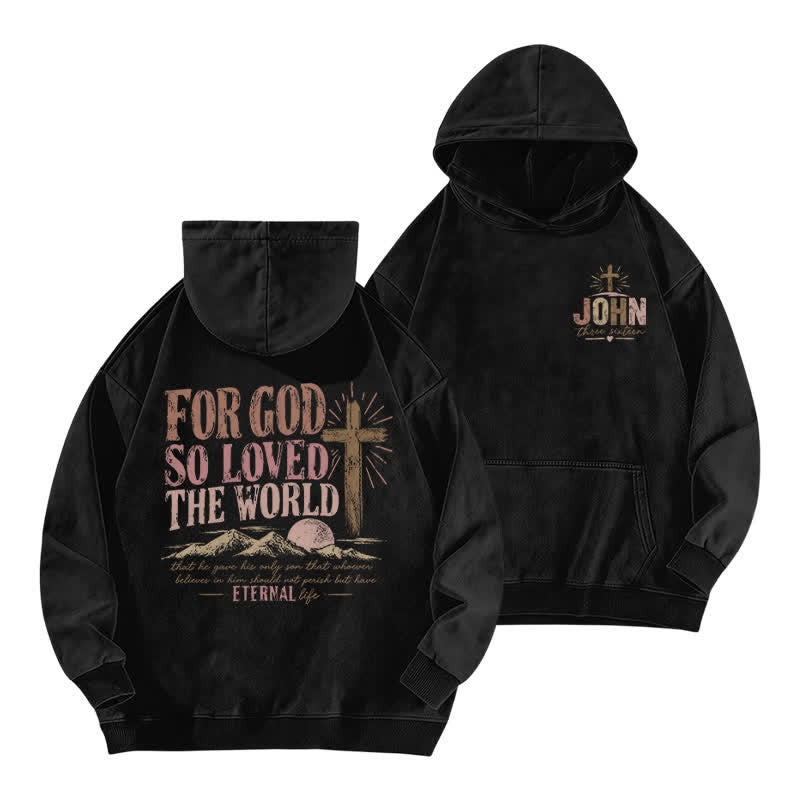 Christianartworkshop John 3:16 Cross Glow Vintage Black Washed Hoodie - Black - 5XL - image 0