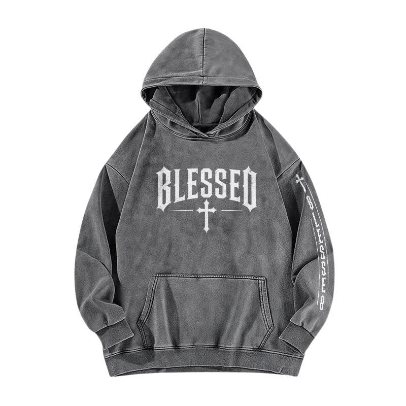 Christianartworkshop Blessed Gothic Cross Graphic Washed Hoodie - Grey - 5XL - image 3