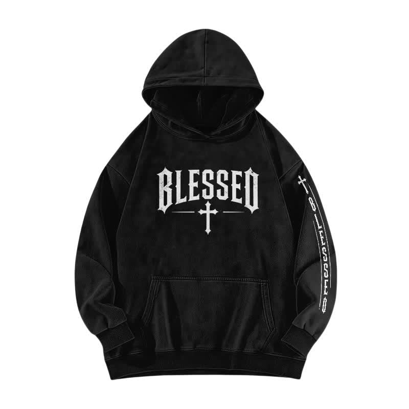 Christianartworkshop Blessed Gothic Cross Graphic Washed Hoodie - Black - 5XL - image 1