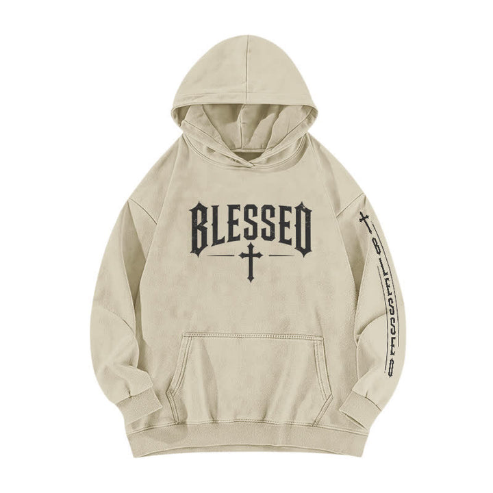 Christianartworkshop Blessed Gothic Cross Graphic Washed Hoodie - Apricot - 5XL - image 0