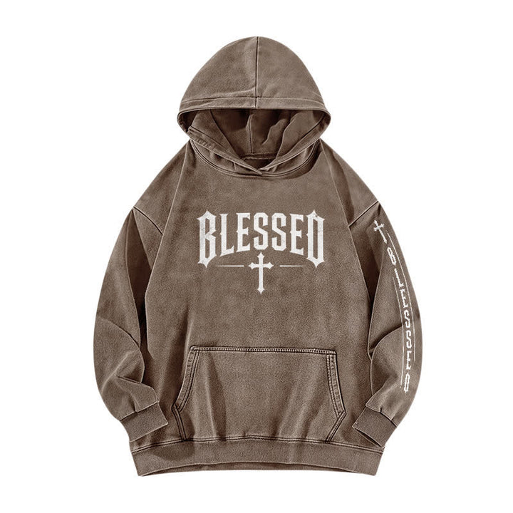 Christianartworkshop Blessed Gothic Cross Graphic Washed Hoodie - Coffee - 5XL - image 4