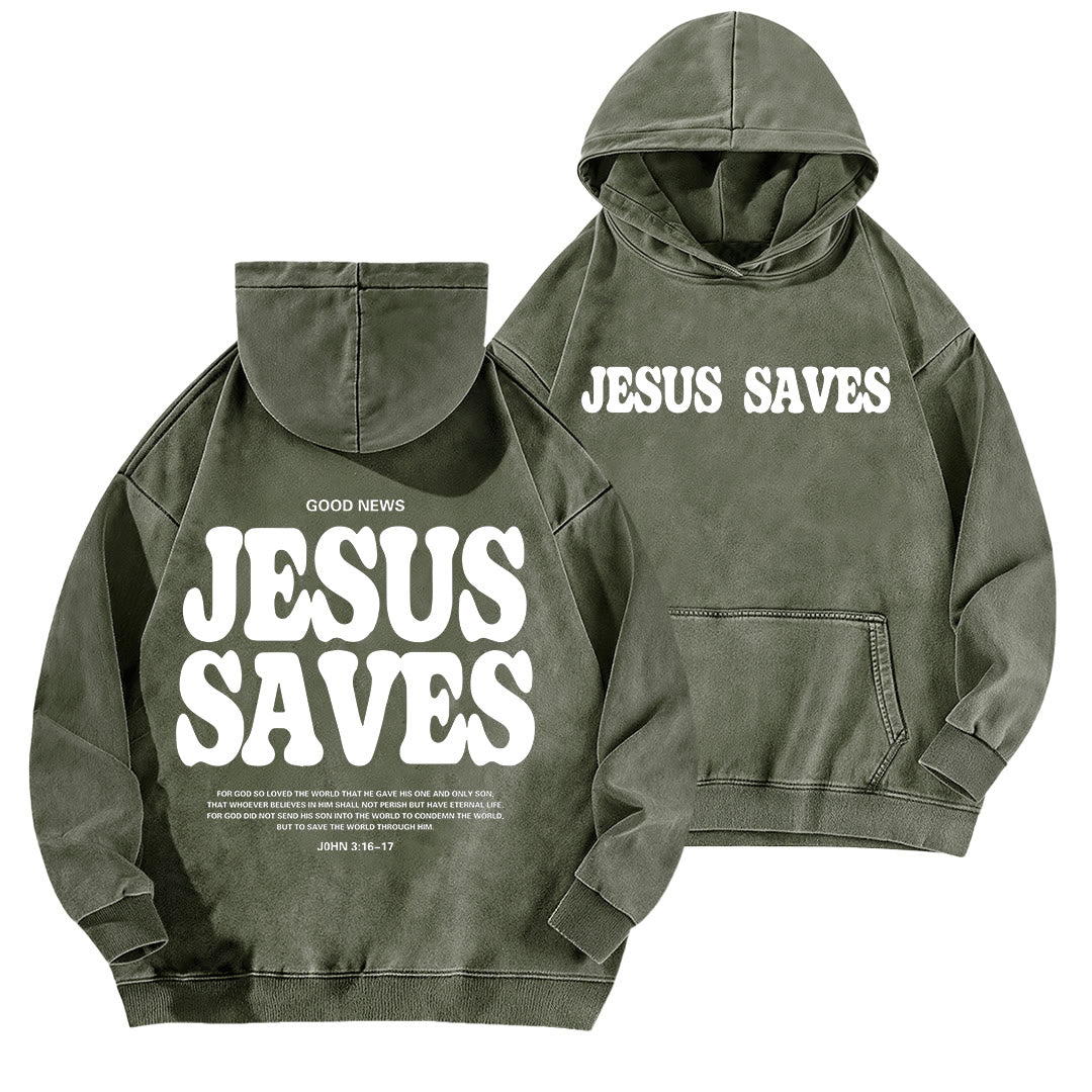 Christianartworkshop Jesus Saves Good News Front And Back Washed Hoodie - Army Green - 5XL - image 6